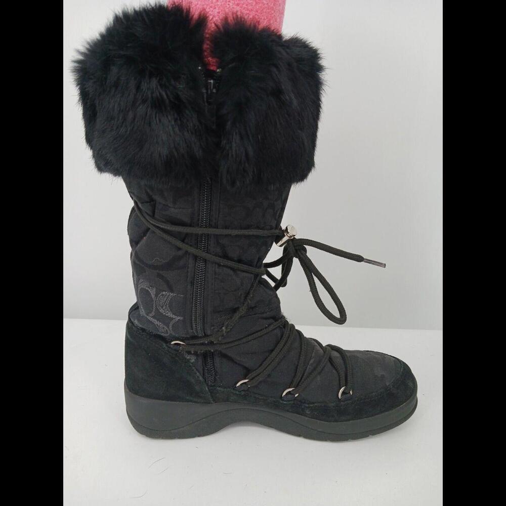 Coach Women Boot 8 Black Snow Boot Lacing Fur Trim Logo Stacked Heel Low - Picture 8 of 11